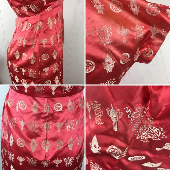 Vintage Red & Gold Asian Handmade Cocktail Dress - Picture 8 of 8